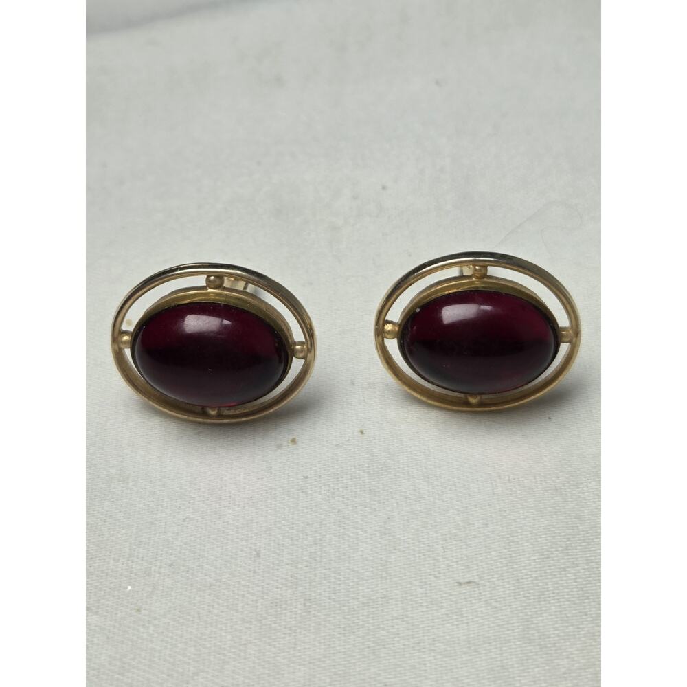 Anson Vintage Gold Tone‎ Red Cabochon Oval Bullet Back Cufflinks